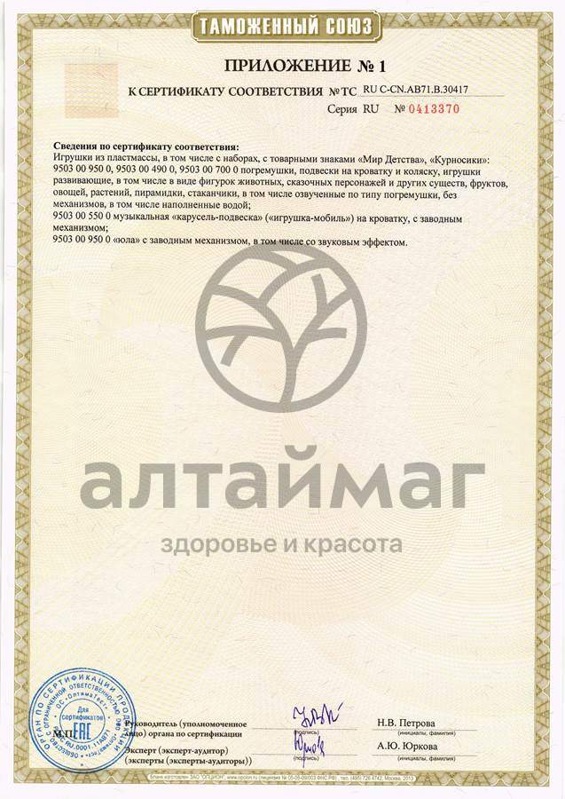 Сертификат на товар Курносики игрушка-погремушка динь-дон Курносики игрушка-погремушка динь-дон сертификат